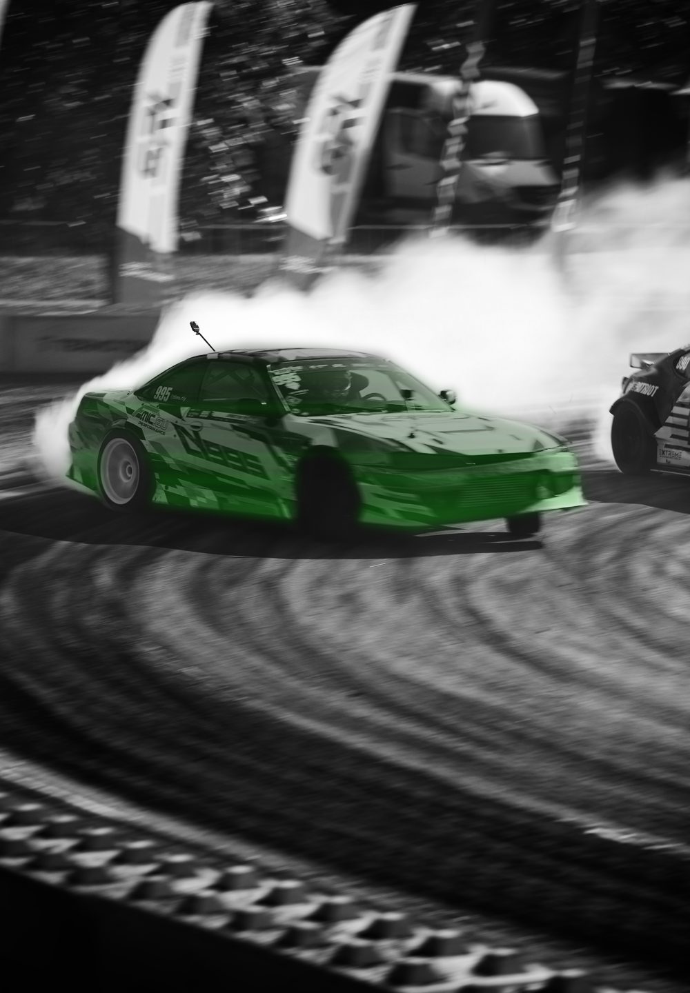 Drift car at an angle on the track